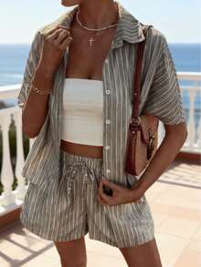 VIVINA Summer Casual Vacation Striped Print Loose Top And Shorts 2 Pieces Set, Women Summer Casual Outfit, Women Vacation Outfit, Women Loungewear - Grey - View 11