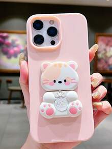Fashion Kawaii 3D Cat Compact Mirror Folding Stand Holder Case Compatible With Iphone 17 Pro Max 16Pro 15 14 13 12 11 X XS Max XR Soft TPU Cover - Pink - View 5