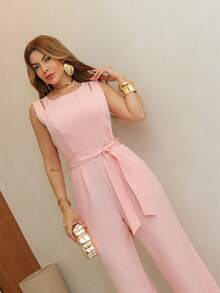 Women's Jumpsuit With Wide-Leg Pants, Elegant Belt, Defined Waist, Gloria W&Y Women's Fashion - Hồng - Xem 3