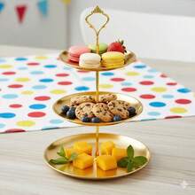 This Gold/Silver Three-Tiered Metal Dessert Stand Is An Elegant European-Style Display Stand For Cakes And Pastries. Ideal For Afternoon Tea, Wedding Decorations, And Other Occasions, It's Primarily Used To Showcase Desserts And Pastries. Cakes, Macarons, Cookies, And Other Treats Can Be Easily Placed On The Stand For Guests To Enjoy, While Also Serving As A Decorative Display. It Can Also Be Used As Table Decoration In High-End Restaurants. - Vàng - Xem 4