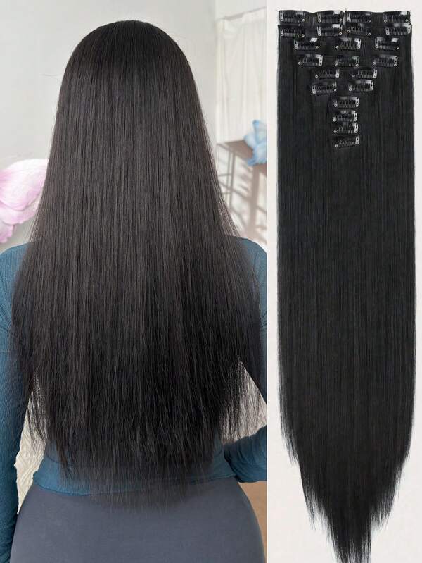 60 cm 12 Stücke/Set Clip-In Naturschwarz Gerade Synthetische Haarverlängerungen, geeignet für Frauen und Mädchen für den täglichen Gebrauch