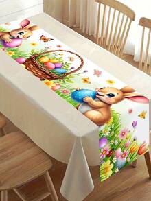 1pc 35*180cm Polyester Easter Farm Style Table Runner, Featuring Vivid Rabbit, Eggs And Basket Patterns, Suitable For 2025 Easter Home Decor, Kitchen Dining Table Decoration, Spring Holiday - Multicolor - View 3