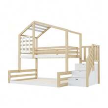 Bunk Bed, 90 X 200 Cm, In Pine, With Window, Headboard, Safety Rail And Storage Steps, Natural Finish - Natural Color - View 9