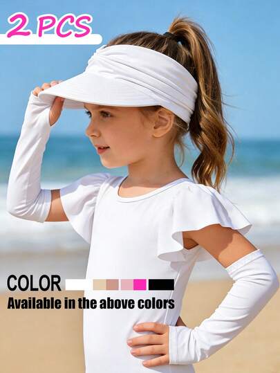 2pcs/Set Kids Sun Hat And UV Protection Arm Sleeves, Breathable Sunscreen For Girls And Boys, Summer Beach Sports Outdoor Accessories