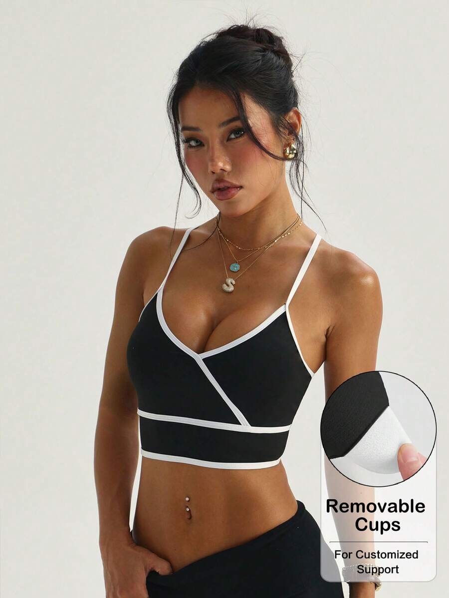 Women's Fashion Black Removable Padded Criss-Cross V-Neck Sports Knit Bra - Black - View 1