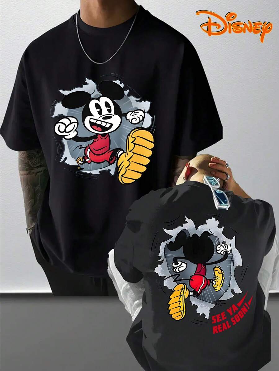Disney Men's T-Shirt With Mickey Mouse Cartoon Pattern Printed On The Front And Back, Fashionable, Soft And Comfortable Cotton T-Shirt, Retro Cartoon And Street - Black - View 1