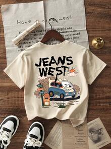 Tween Boys Casual Printed Crew Neck Short Sleeve T-Shirt, Summer Top - Apricot - View 4