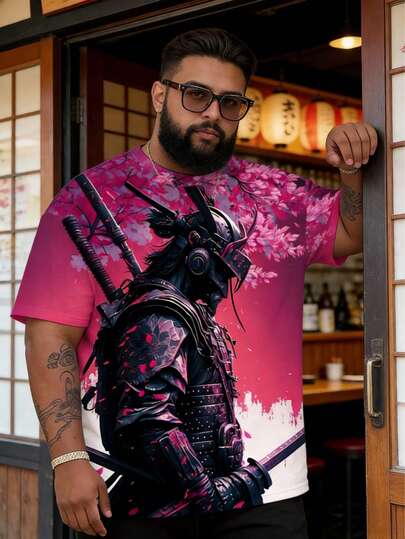 夏季加大码3D数码印花日式武士图案男士T恤，复古风格