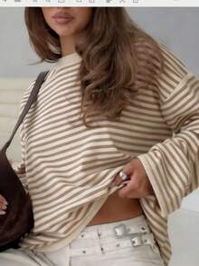 SDNGED Women's Casual Top, Striped Color Block Ribbed Fabric, Everyday Wear Spring/Autumn - Khaki - View 5