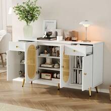 Commode-buffet 140 cm (35x82 cm) blanc et teintes naturelles : 2 tiroirs, 4 portes et tablettes réglables pour salon ou cuisine - défaut - Voir 4