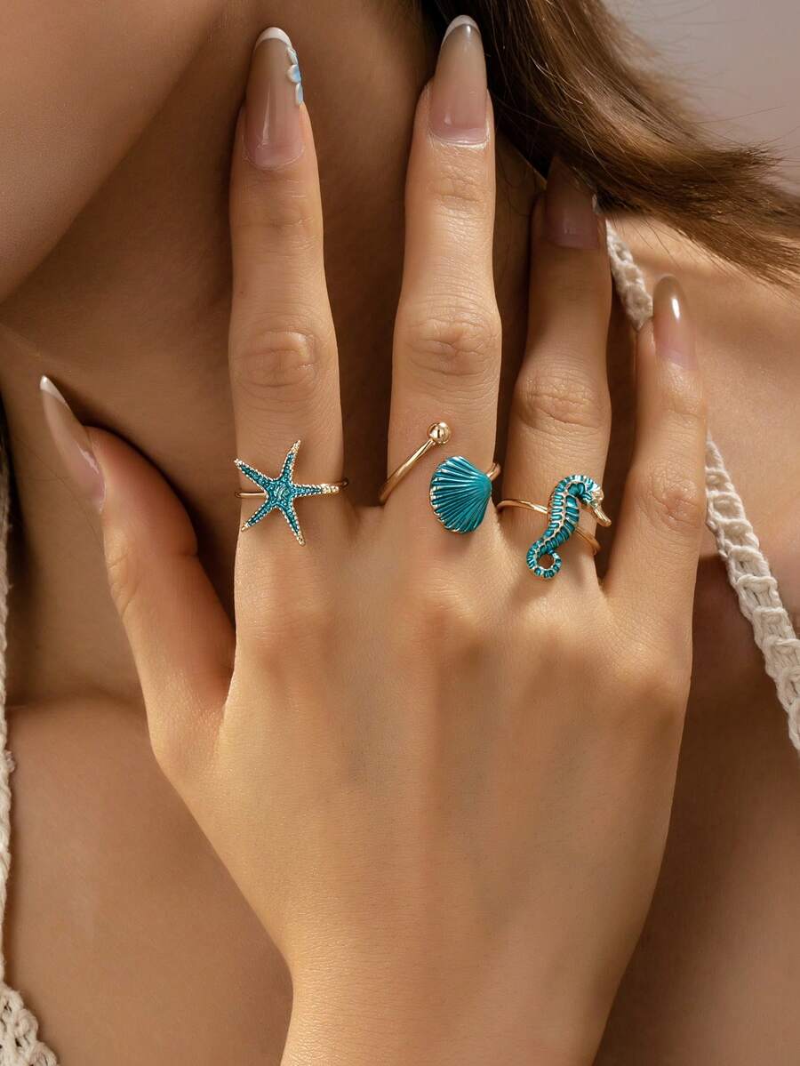 Bộ 3 nhẫn hình cá ngựa và sao biển cho nữ, phong cách Bohemian, thích hợp để đeo khi mặc bikini, đi nghỉ mát và đi biển. - Nhiều màu - Xem 1