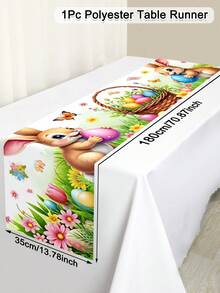 1pc 35*180cm Polyester Easter Farm Style Table Runner, Featuring Vivid Rabbit, Eggs And Basket Patterns, Suitable For 2025 Easter Home Decor, Kitchen Dining Table Decoration, Spring Holiday - Multicolor - View 4