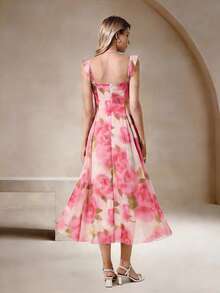 女士休闲优雅派对连衣裙，时尚修身粉色印花吊带中长沙滩裙 - 粉色 - 查看 8