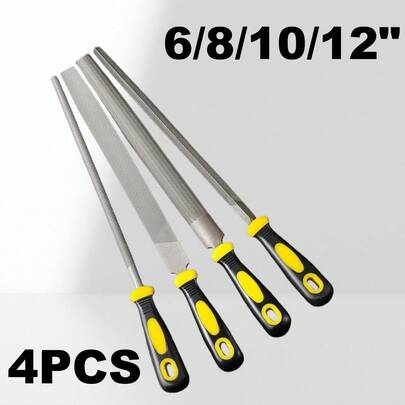 4件套（6英寸、8英寸、10英寸、12英寸）各种尺寸的扁平、三角形、半圆形金属锉刀套装，带手柄，木工锉刀工具套装