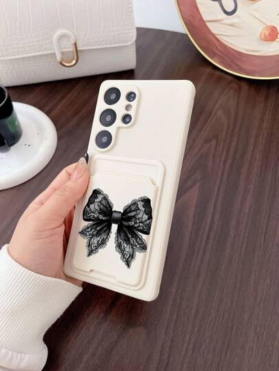 1pc White TPU Minimalist Solid Color 2-In-1 Card Holder, Lace Bow Decor Soft Silicone Protective Phone Case For Android/, Suitable As Gift For Friends, Family, Girlfriend, Boyfriend, Perfect For Holidays