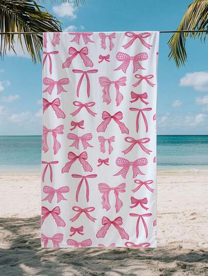 1pc Pink Bow Kids Beach Towel, Super Soft Microfiber Extra Large Beach Blanket, Super Absorbent Bath Towel, Suitable For Travel, Swimming Pool, Diving, Surfing, Yoga, Camping, Available In Multiple Sizes, Beach Accessories For Beach, Pool, Travel, Camping, Yoga