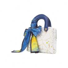 Yves Saint Laurent [Custom Makeup Bag] Marble Gold Crackle Print Handbag, Featuring A Painted Silk Scarf And Blue Leather Handles. A Stylish, High-End, Classic, And Versatile Gift For Women. - White - View 2