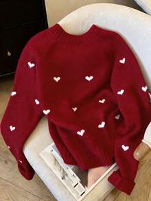 ii Áo len dài tay thoải mái dành cho nữ, họa tiết trái tim, cổ tròn. - Màu Đỏ Sâu - Xem 3