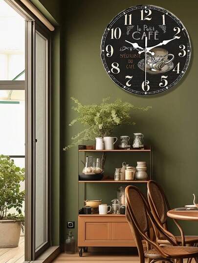 Stylish 10/12-Inch Round Wooden Silent Wall Clock - 1pc Battery-Operated With AA, No Ticking, Flat Crown - Coffee Design For Bathroom, Kitchen, Living Room, Bedroom Decor