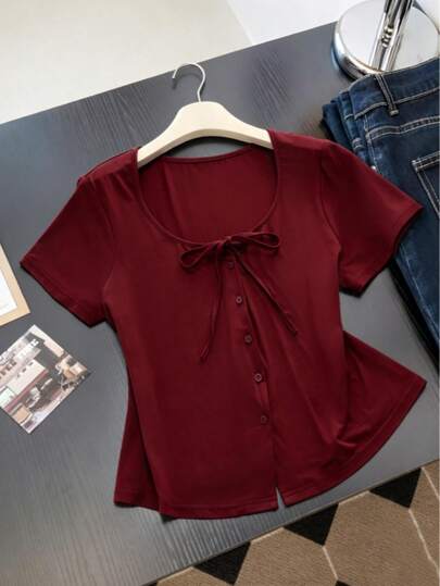 Plus Size PARARAL Women's Spring And Summer Fashion Stylish, Versatile, Simple, Solid Color, Front Tie-Up Waist, Short Sleeve, Casual T-Shirt Top For Women, Valentine's Day, Date, Daily Wear, Casual, Home Wear For Women.