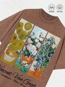 1 PCS Retro Distressed Washed Brown Aesthetics Front Triptych Van Gogh Classic Floral Oil Paintings (Sunflowers / White Roses / Irises) + Black Handwritten "Vincent Van Gogh" Typography + "Sunflowers - Roses - Irises" Subtitle 100% Cotton Breathable Unisex Oversized Short Sleeve Tee, Art Gallery Visits, Casual Hangouts, Coffee Dates, Summer Outings, Daily Urban Wear, Excellent Gift For Art Lovers & Friends & Family - Cà phê nâu - Xem 2