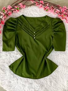Evangelical Fashion Women's Blouse With Puff Sleeve - xanh quân đội - Xem 1