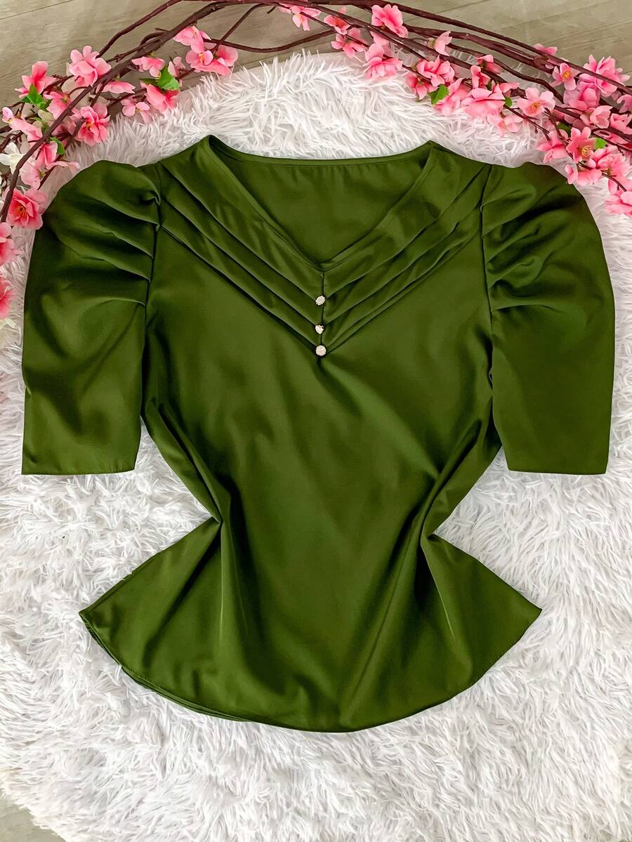 Evangelical Fashion Women's Blouse With Puff Sleeve - xanh quân đội - Xem 1