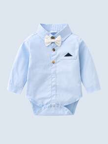 2pcs Baby Boys Gentleman Outfit, Blue Long Sleeve Shirt With Bowknot And Overalls, Fashionable & For Birthday Party, Wedding, Anniversary Celebration - Blue - View 7
