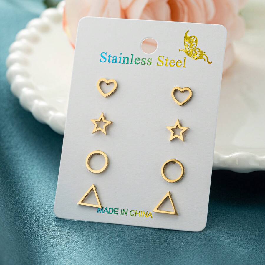 4 Pairs / Set Golden Stainless Steel Geometric Stud Earrings Set ,Heart Shape, Five-Pointed Star, Circle, TriangleSymmetrical Geometric Shapes, Suitable For Daily Wear Or As Gifts - ZH022 - View 1