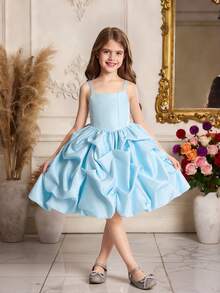Đầm công chúa bằng satin xếp tầng thanh lịch cho bé gái, thích hợp dự tiệc sinh nhật, dạ hội, tiệc tùng (không bao gồm băng đô cài tóc). - Màu xanh nhạt - Xem 6