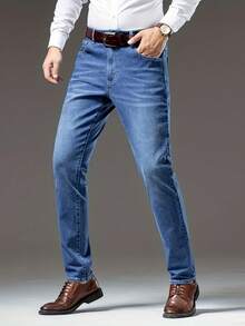 Men's Stretch Slim Straight Leg Business Casual Jeans, Slant Pocket Design, Versatile For Daily Wear - Màu xanh lam - Xem 4