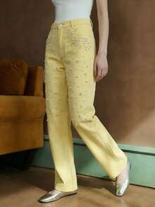 Women's Yellow Beaded Straight-Leg Jeans, Fashionable Slim Fit Versatile Style Casual Spring - Yellow - View 4