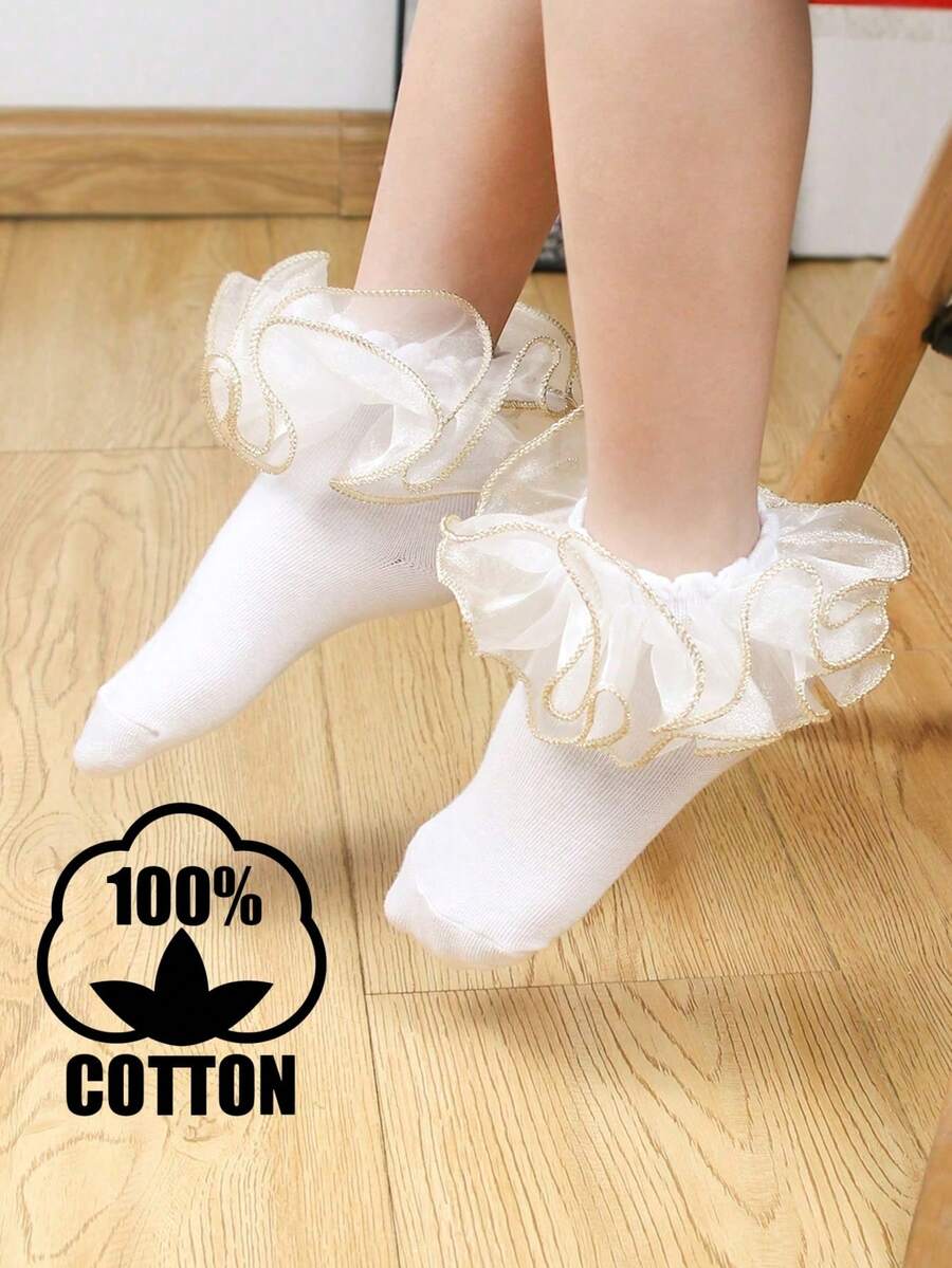 1 Pair Cotton All-Season Children Middle/Small Kids Solid Color Lace Ruffle Ankle Socks, Dance Socks, Princess Baby Socks - Multicolor - View 1