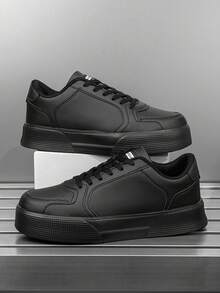 Men's Minimalist Fashion Solid Color Patchwork Letter Print Black Skate Shoes, Versatile Outdoor Commute Sports Sneakers - Black - View 3