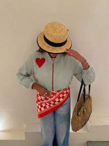 女士秋季新款蓝色条纹爱心贴片撞色夹克，休闲通勤度假风春季外套 - 薄荷綠 - 查看 2