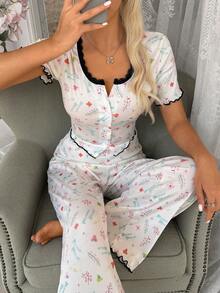Disney Women's Pajamas Stitch Print Lace Trim Rolled Button Short-Sleeve And Long-Pants Set - Multicolor - View 3