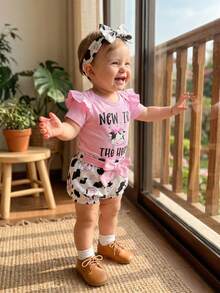 Western Baby Girl Clothes Cowgirl Summer Clothes Letter Boots Cow Print Crew Neck Short Sleeve Romper Shorts And Bow Headband 3 Pcs Set - 粉紅色乳牛 - 查看 3