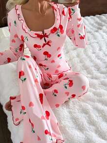 2pcs Women Casual Cherry Print Ruffle Trim Long Sleeve Square Neck Loungewear Set, Autumn - Pink - View 5