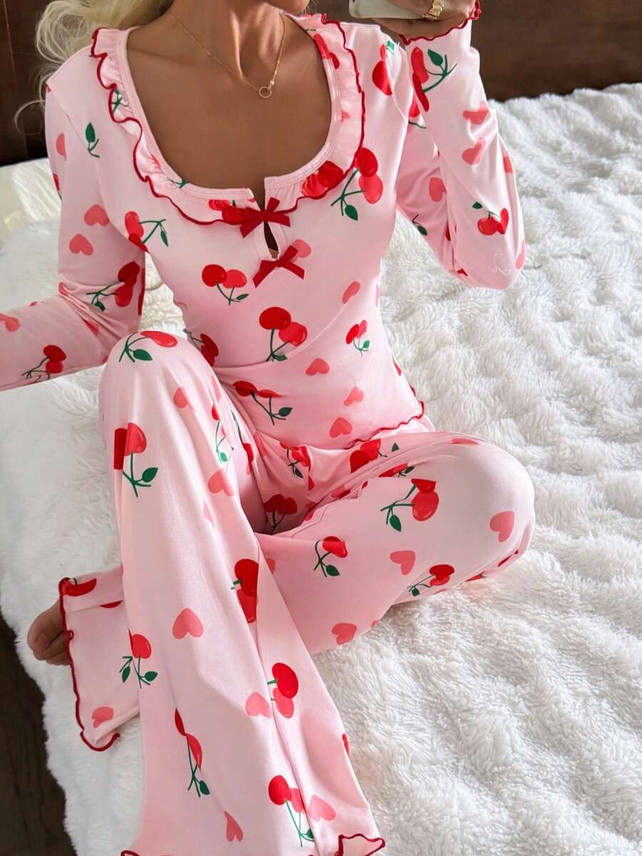 2pcs Women Casual Cherry Print Ruffle Trim Long Sleeve Square Neck Loungewear Set, Autumn - Pink - View 1