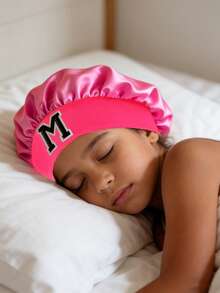 儿童A-Z字母粉色弹力宽檐缎面睡帽 - 贴合头部，保护头发，超柔软透气设计，带防滑内衬 - 玫紅色 - 查看 3