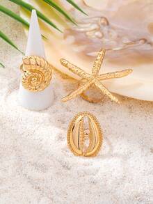 3pcs/Set Beach Style Starfish & Shell Ring Set, Boho Vacation Statement Rings, Suitable To Pair With Bikini - Gold - View 4