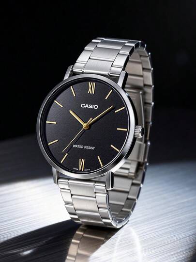 Casio 男士石英表，黑色表盘，不锈钢银色表带，商务休闲风格，适合日常佩戴、运动，也可作为生日礼物。