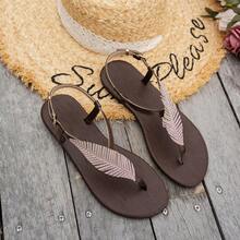 Livesso Leaf Rhinestone Decor Thong Design Women Flat Sandals, Fashion, Elegant, Comfortable, Versatile, Suitable For Walking, Home - Brown - View 12