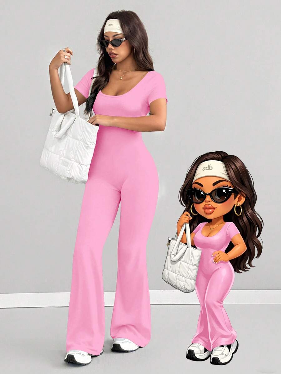 AITYI Studio 女士连体裤，修身舒适，休闲 U 领纯色时尚性感修身款，适合户外运动，百搭实用，适合毕业典礼、返校季、新年、情人节、春夏等场合穿着。弹力针织短袖喇叭裤连体裤。 - 粉色 - 查看 1