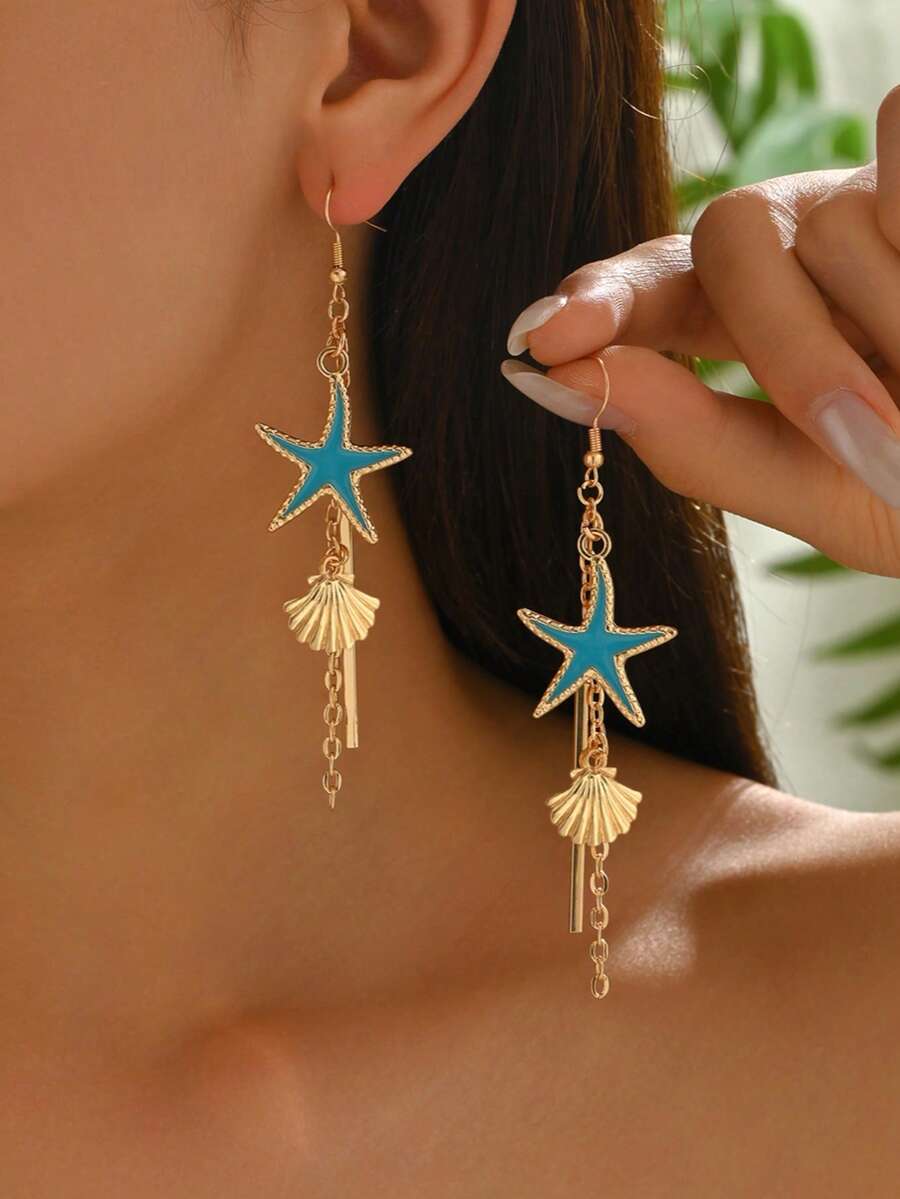 زوج من أقراط نجوم البحر المطلية بالذهب والشرابات بطراز شاطئ البحر الصيفي، مجوهرات أنيقة للنساء، مناسبة للارتداء اليومي وحفلات الشاطئ والعطلات - متعدد الألوان - مشاهدة 1