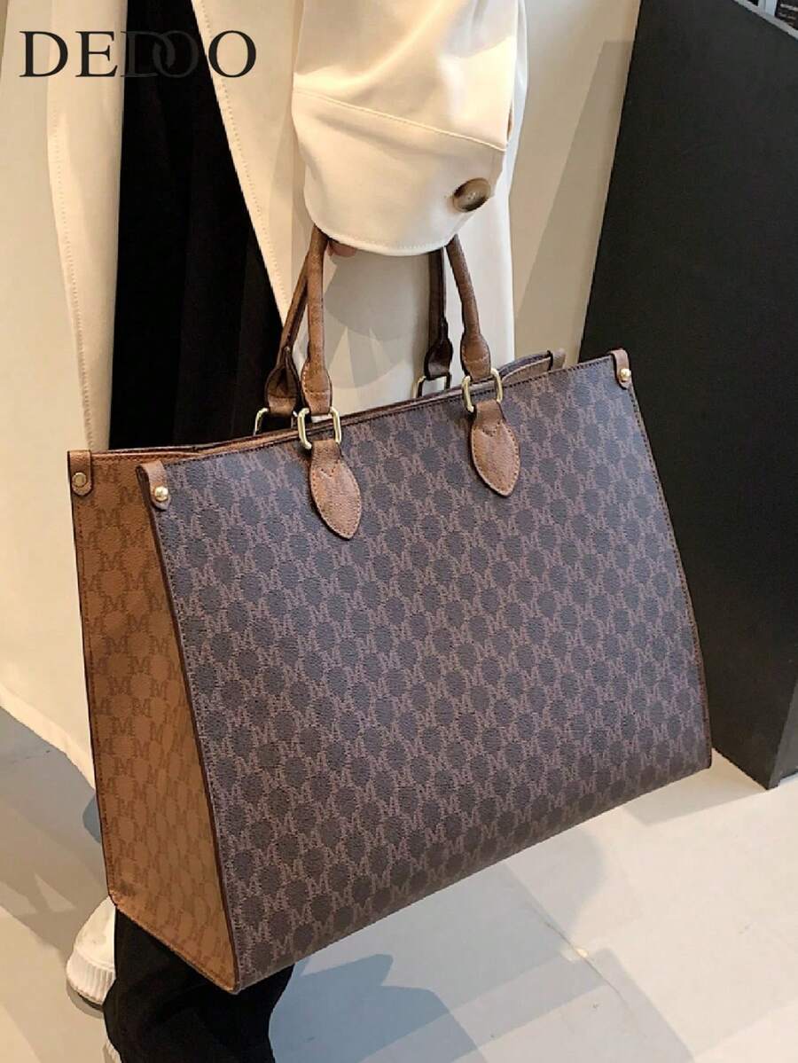 Autumn/Winter Fashion Print,Four Seasons Versatile Travel Shopping Bag,Oversized Tote Bag Vintage Geometric Pattern Tote Bag,Classic Satchel Bag,Women's Large Capacity Bag For Work, Old Money Style Women Bag School Bag,Back To School,Large Capacity,Business Casual,Portable,Lightweight, Suitable For Teen Girls Women College Students,Rookies & White-Collar Workers, Perfect For Back To School,Middle School, High School,Work , Business, Commute,College,Office - 彩色 - 查看 1