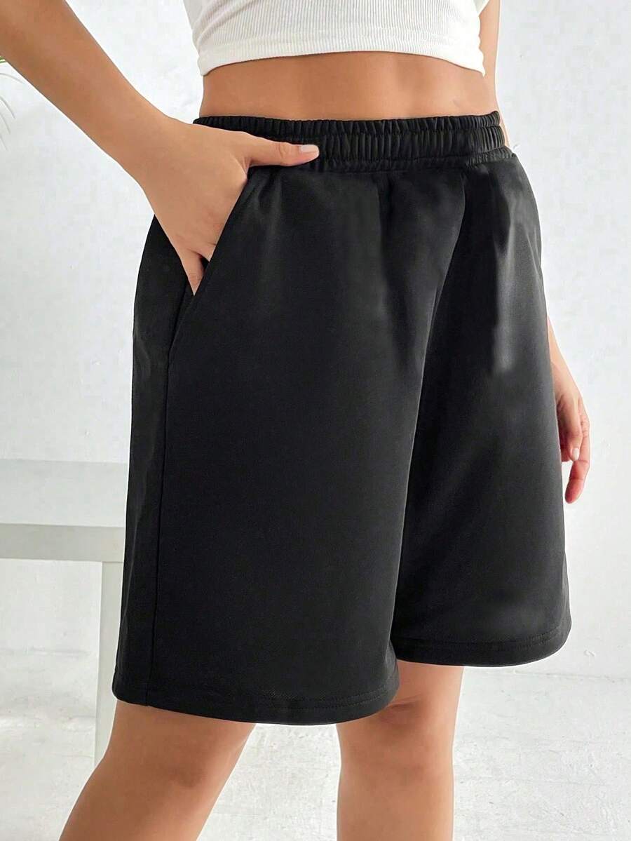 1 pieza Pantalones cortos sueltos, casuales y versátiles para ir al trabajo, al aire libre y deportes para adolescentes - Negro - Ver 1
