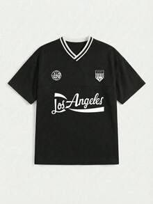 Dope T-shirt à manches courtes pour hommes, col en V, blocs de couleurs, imprimé vintage américain Design exquis Indispensable pour l'été Facile à assortir - Noir - Voir 3