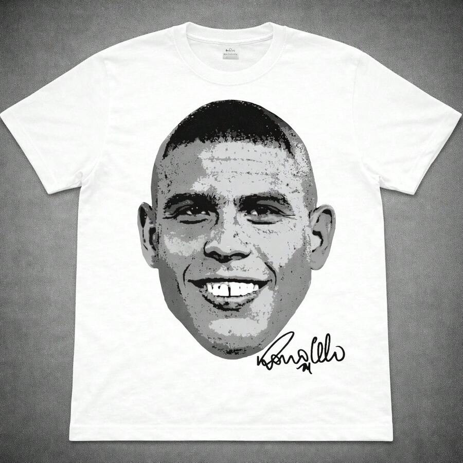 Men's T-Shirt, 100% Cotton, Printed Portrait Of Ronaldo Fenômeno (Soccer Player) Autograph, Casual Basic Sports T-Shirt - 白色 - 查看 1