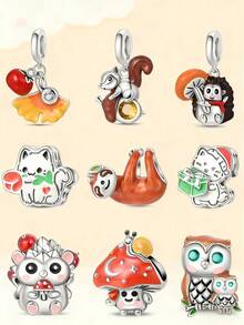 1件925纯银DIY吊坠：银杏叶柿子、松鼠抱着坚果、刺猬采蘑菇、猫咪捧着玫瑰、猫咪送礼物、树懒、可爱刺猬、奇幻蜗牛蘑菇、猫头鹰母子吊坠，适合DIY创意手链，送给爱人、朋友和闺蜜的礼物 - 彩色 - 查看 12